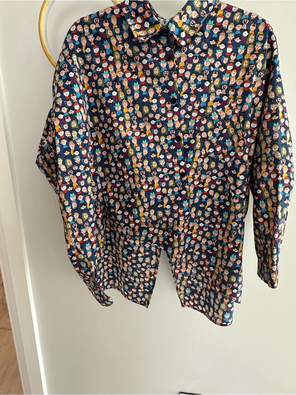 Navy/Royal Blue Multicolor Face-Print Button Tunic — Women’s Collared Top